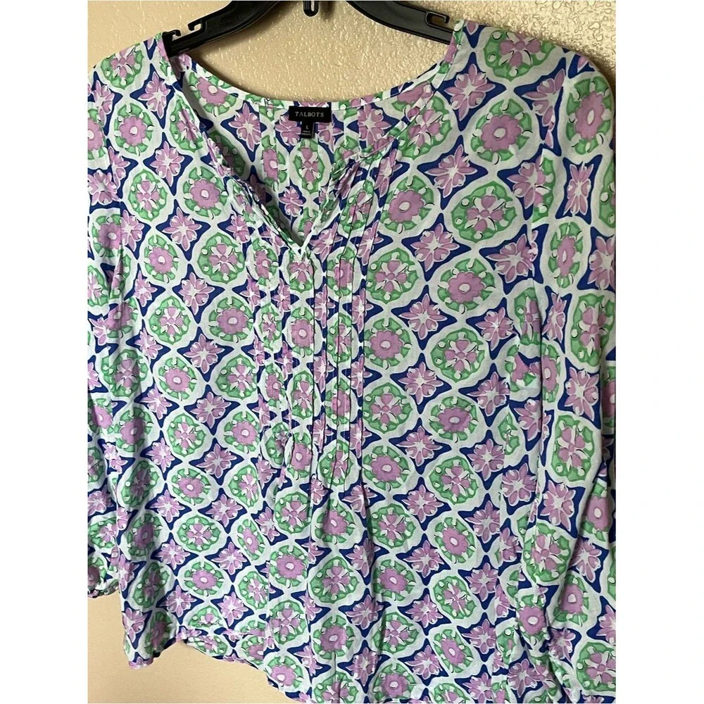 Talbots Cotton Purple/Green Floral Split Neck Pin-Tuck Top Shirt Blouse Size L